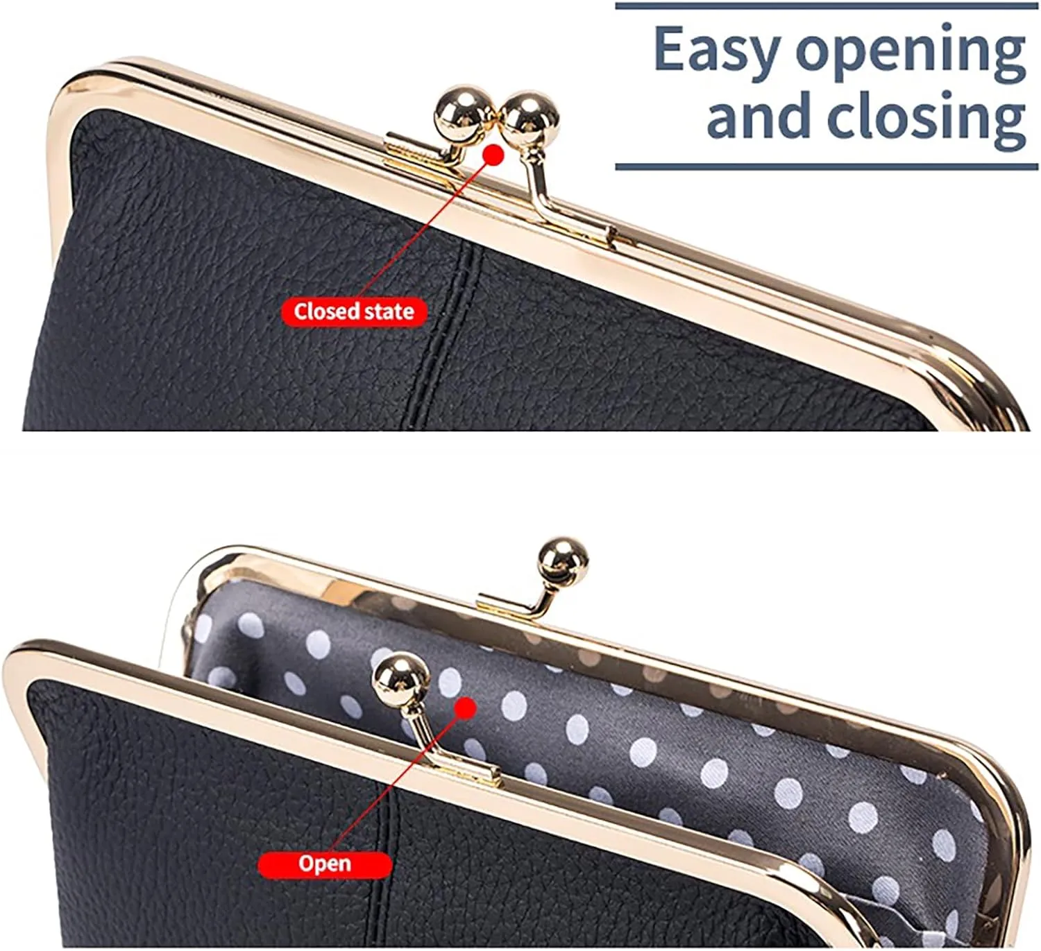 Vintage Kiss Lock Wallet for Women, Genuine Leather Multi-card Slots Card Holder Clutch Purse Travel Wallet (Blue)