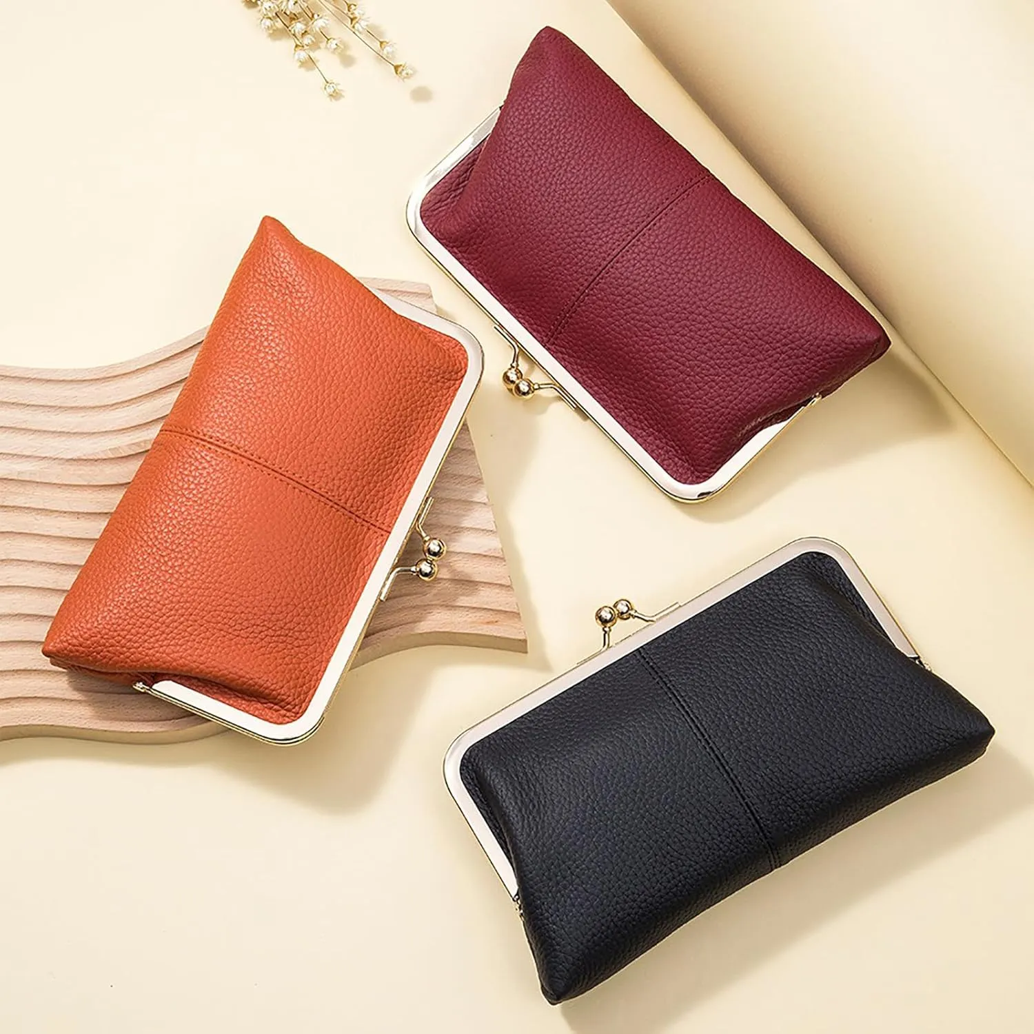 Vintage Kiss Lock Wallet for Women, Genuine Leather Multi-card Slots Card Holder Clutch Purse Travel Wallet (Blue)