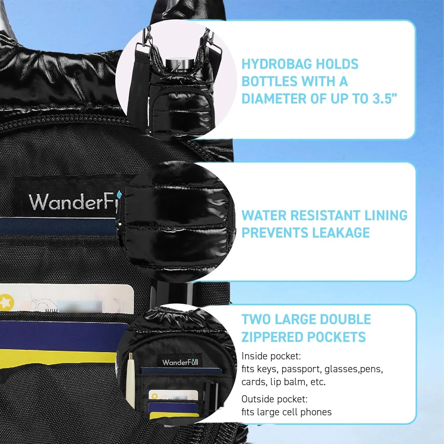 WanderFull Original HydroBag, Water Bottle Holder with Strap, Hands-Free Crossbody Water Bottle Carrier Bag w/Phone Pocket