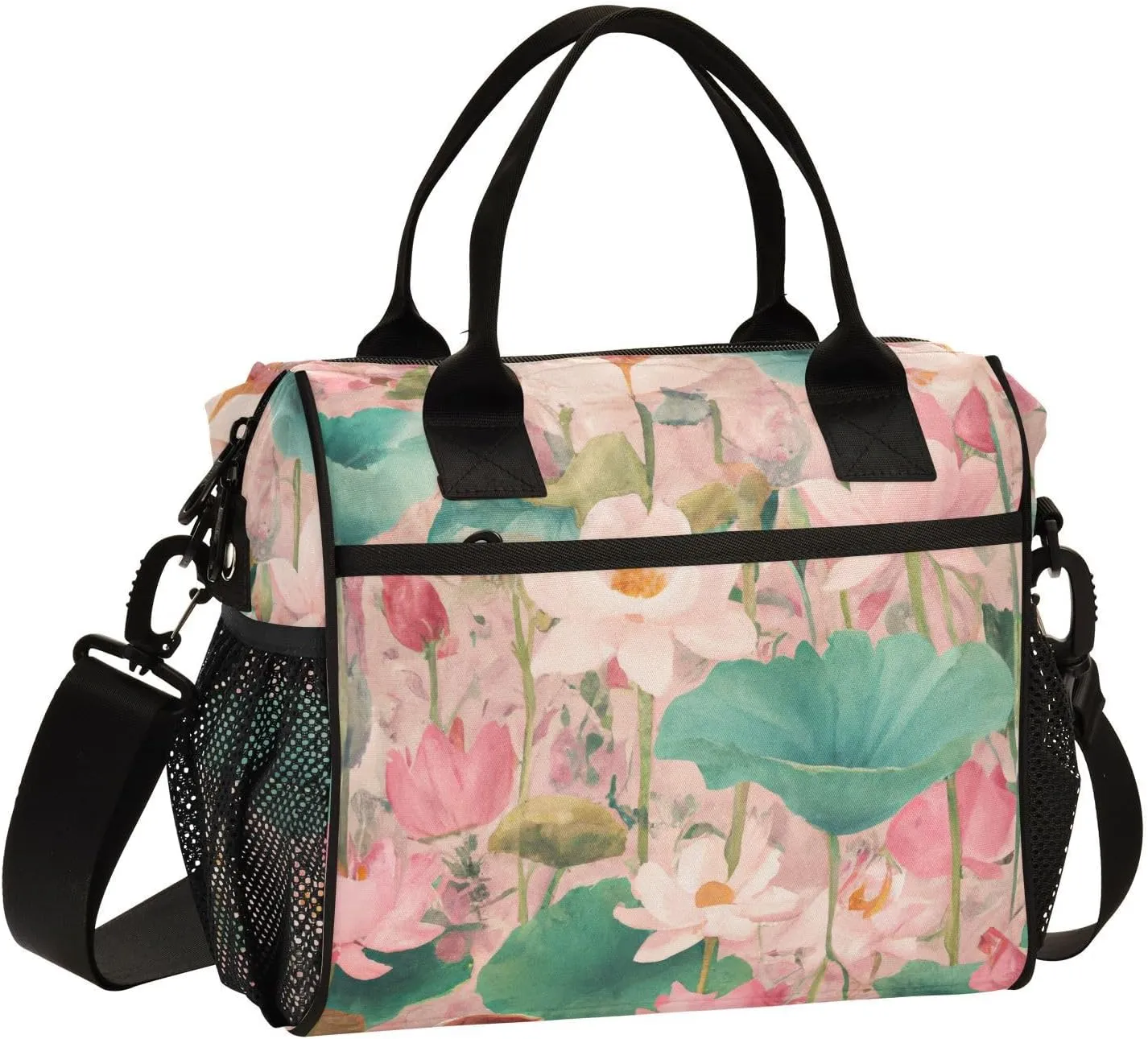 Watercolor Lotus Pond Lunch Bag Reusable Insulated Lunch Box Cooler Tote Removable Shoulder Strap Meal Picnic Bags for Outdoor Travel Office Work Medium