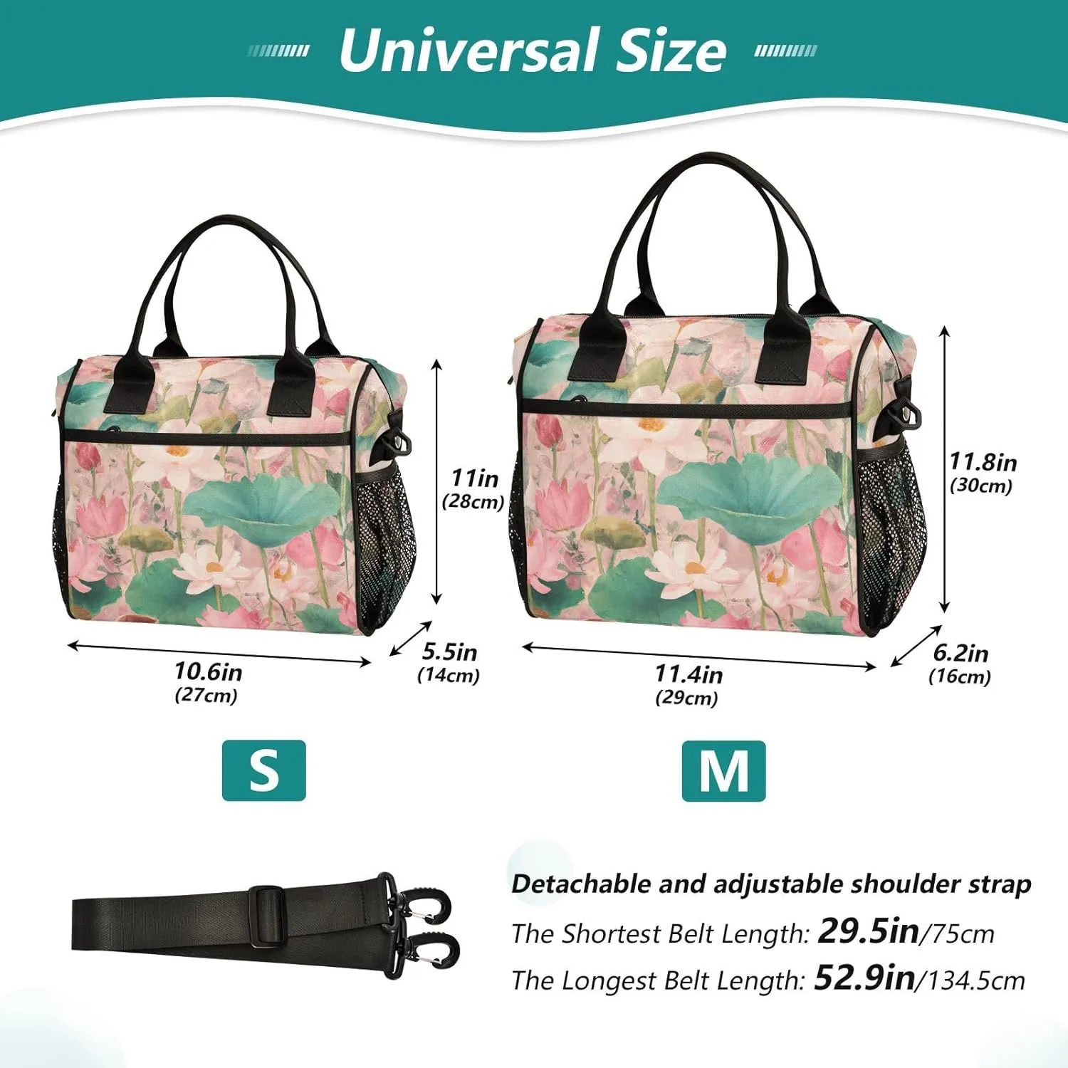 Watercolor Lotus Pond Lunch Bag Reusable Insulated Lunch Box Cooler Tote Removable Shoulder Strap Meal Picnic Bags for Outdoor Travel Office Work Medium
