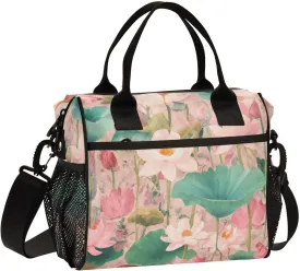 Watercolor Lotus Pond Lunch Bag Reusable Insulated Lunch Box Cooler Tote Removable Shoulder Strap Meal Picnic Bags for Outdoor Travel Office Work Medium