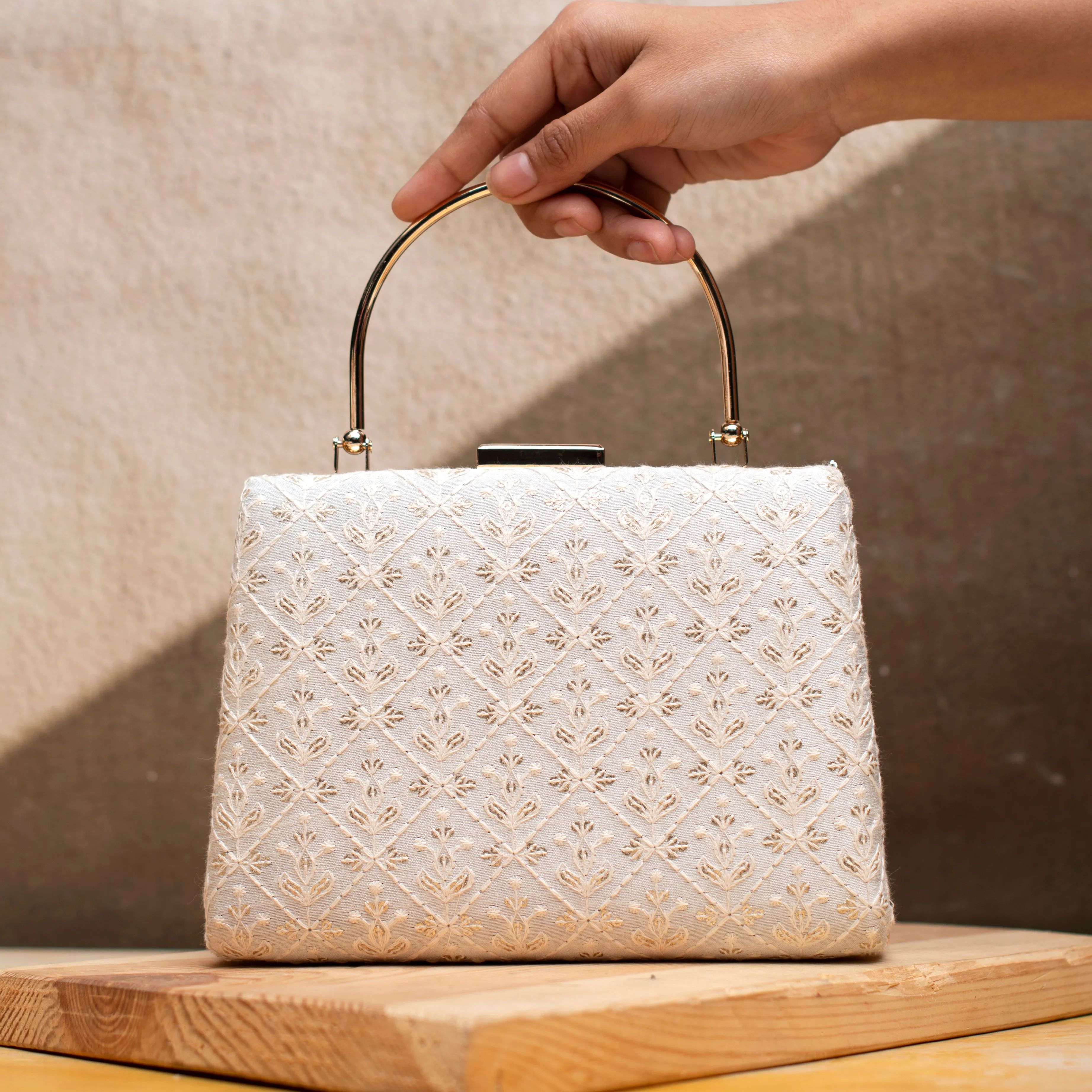 White Floral Checks Embroidery Clutch