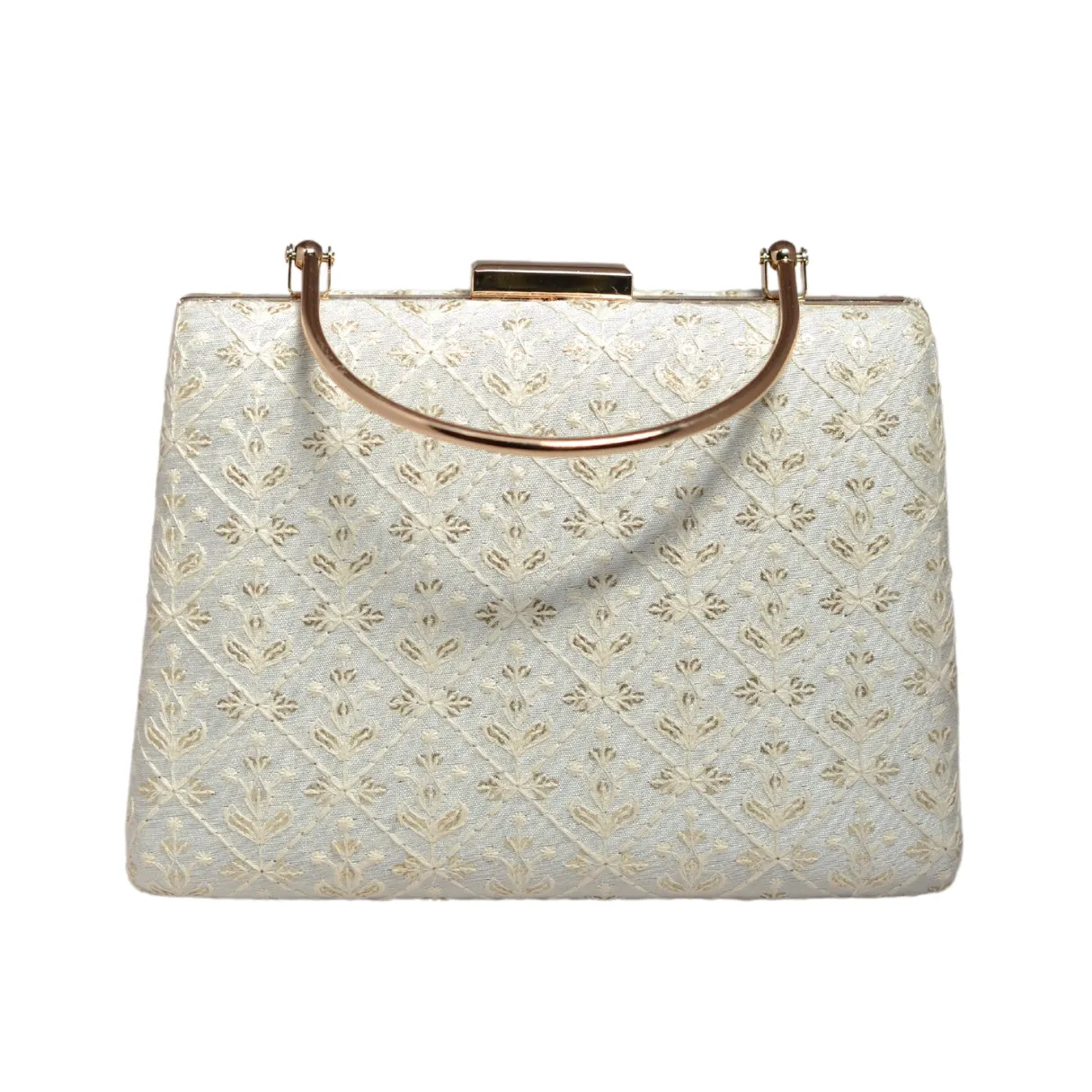 White Floral Checks Embroidery Clutch