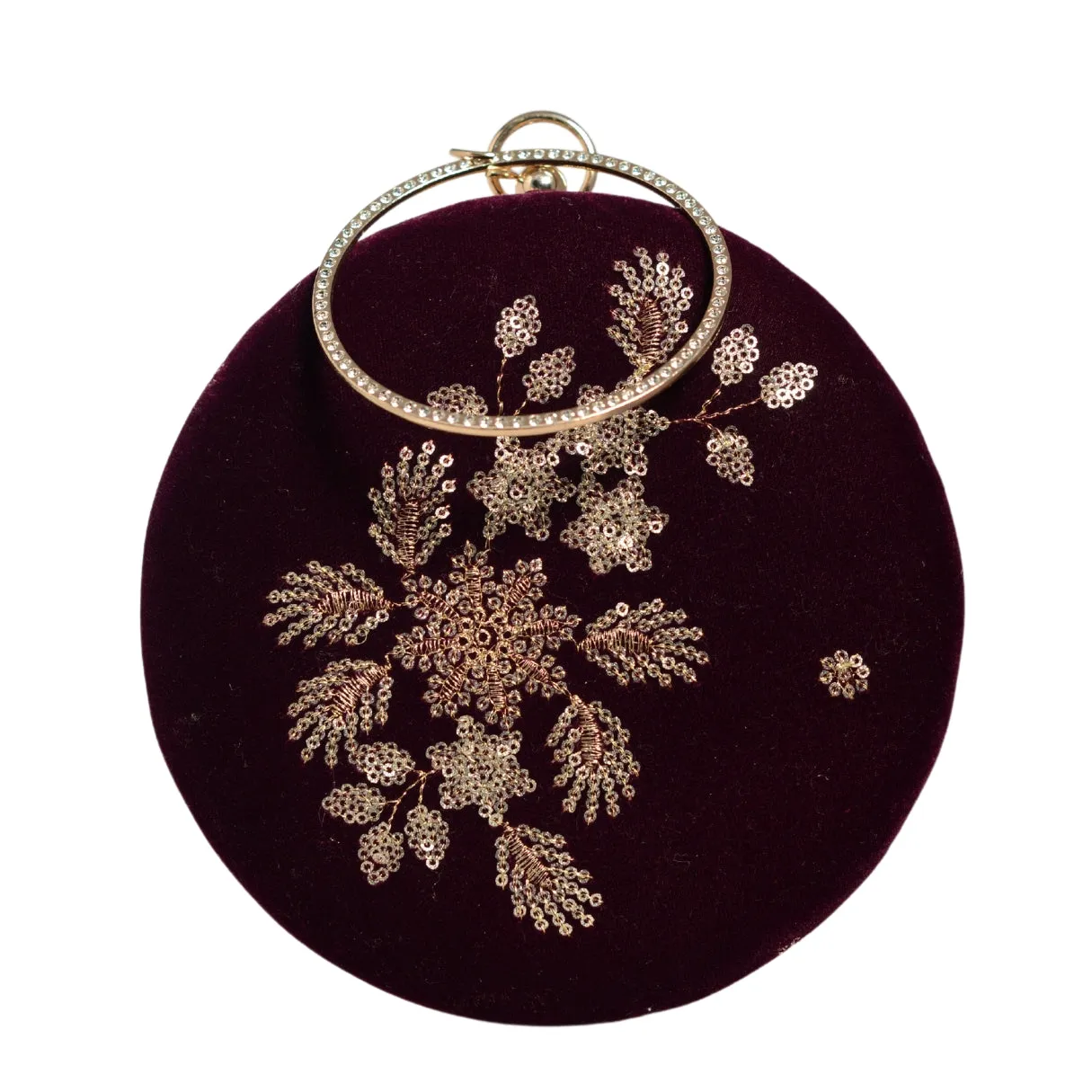 Wine Floral Sequins Embroidery Round Clutch