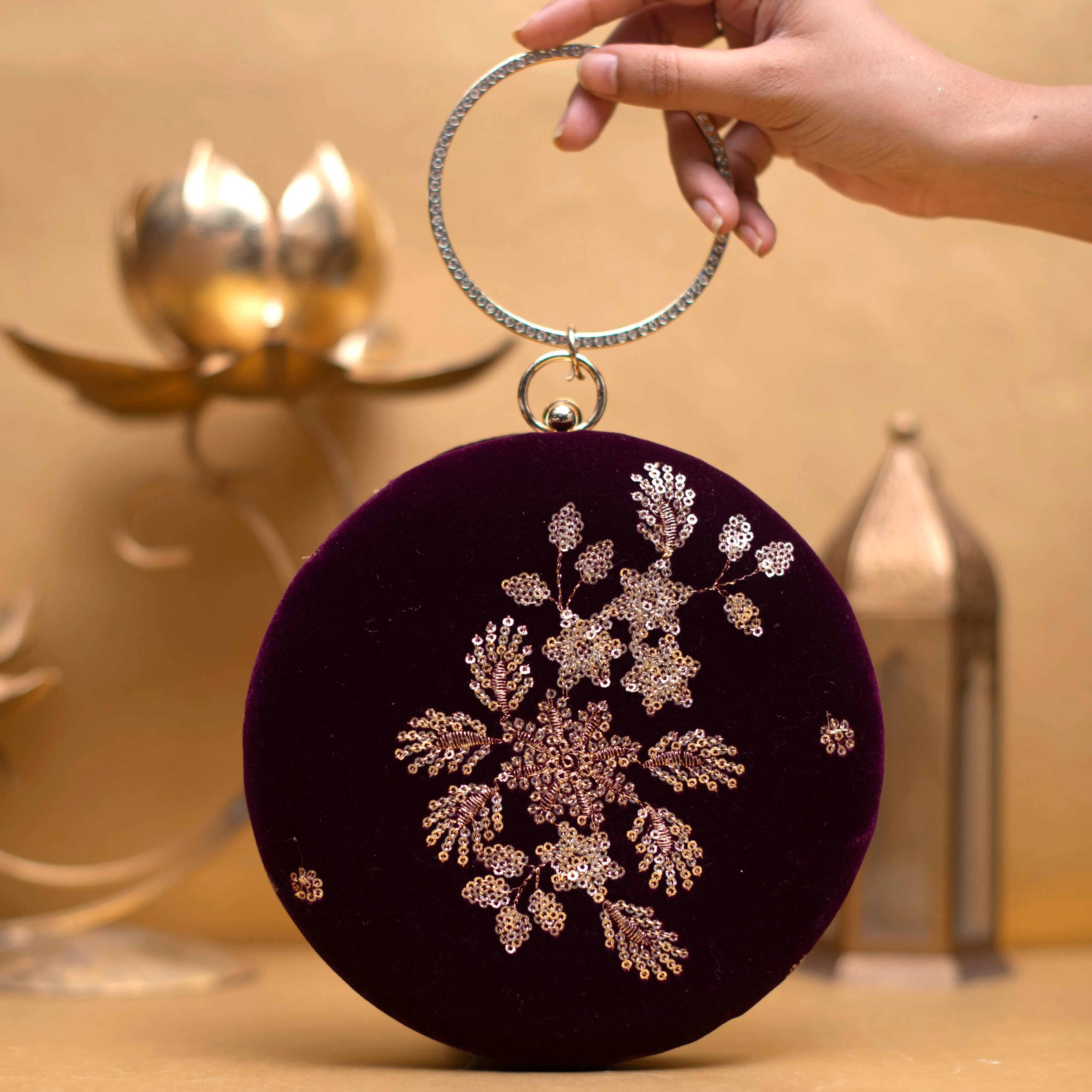 Wine Floral Sequins Embroidery Round Clutch