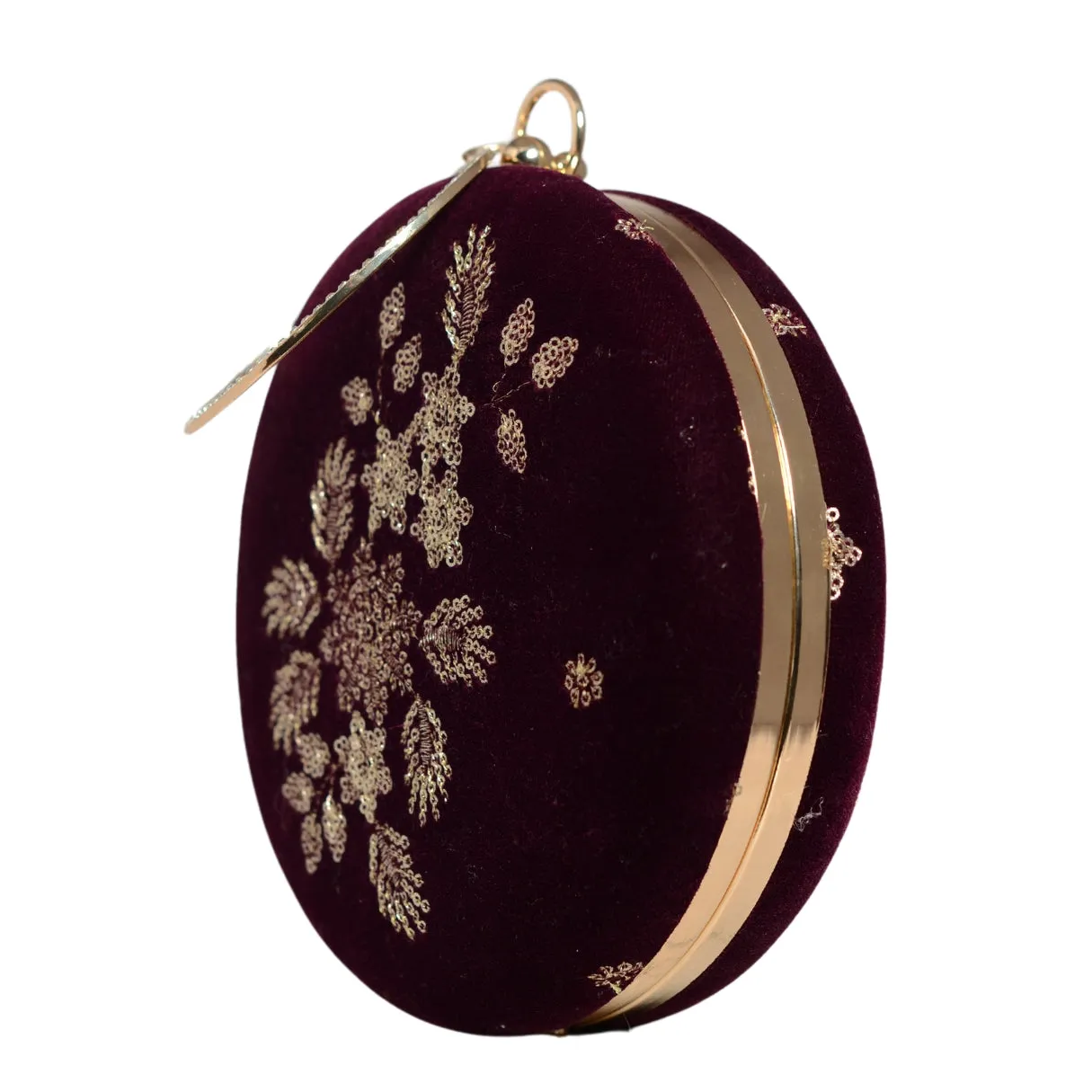 Wine Floral Sequins Embroidery Round Clutch