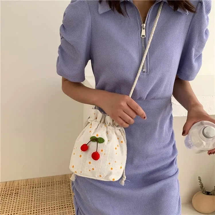 Women Kawaii Cherry Mini Messenger Bag Cutecore Aesthetic Bucket Bag Japanese Fairycore Crossbody Drawstring Bag (White,Small)