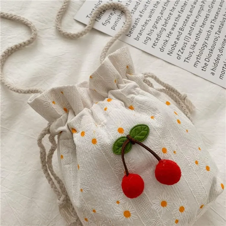 Women Kawaii Cherry Mini Messenger Bag Cutecore Aesthetic Bucket Bag Japanese Fairycore Crossbody Drawstring Bag (White,Small)