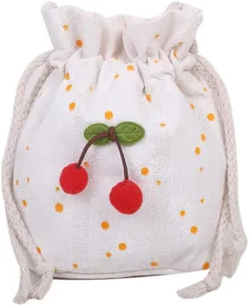 Women Kawaii Cherry Mini Messenger Bag Cutecore Aesthetic Bucket Bag Japanese Fairycore Crossbody Drawstring Bag (White,Small)