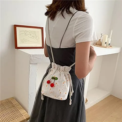 Women Kawaii Cherry Mini Messenger Bag Cutecore Aesthetic Bucket Bag Japanese Fairycore Crossbody Drawstring Bag (White,Small)