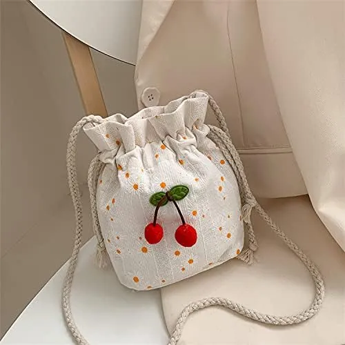 Women Kawaii Cherry Mini Messenger Bag Cutecore Aesthetic Bucket Bag Japanese Fairycore Crossbody Drawstring Bag (White,Small)