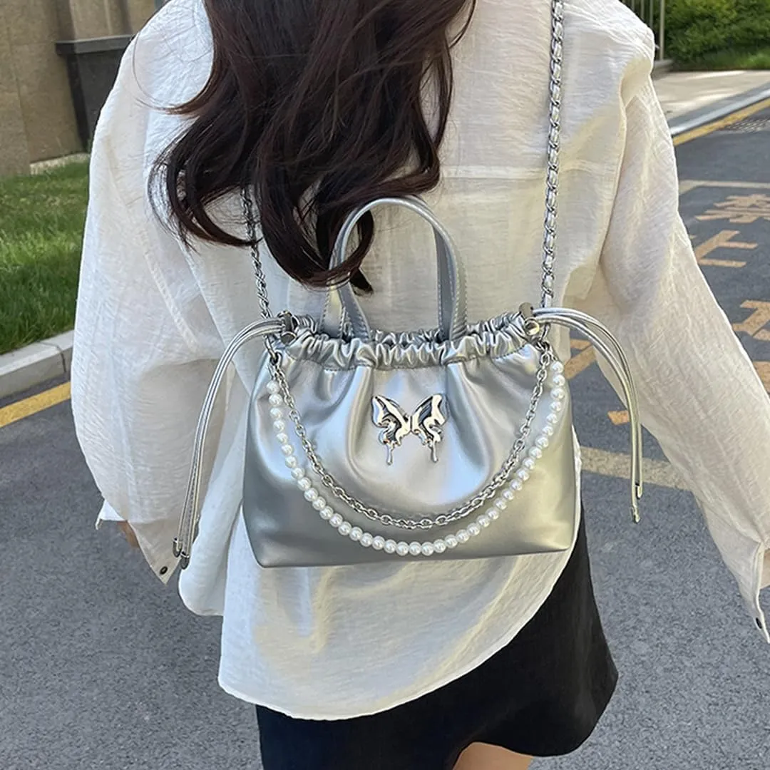 Women's Mini Bucket Bag Y2k Butterfly Satin Shoulder Bag Drawstring Handbag with Pearl Chain Small Crossbody Bag