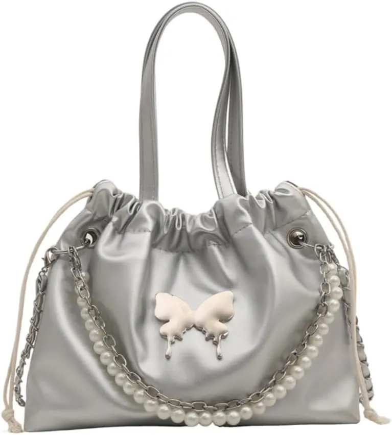 Women's Mini Bucket Bag Y2k Butterfly Satin Shoulder Bag Drawstring Handbag with Pearl Chain Small Crossbody Bag