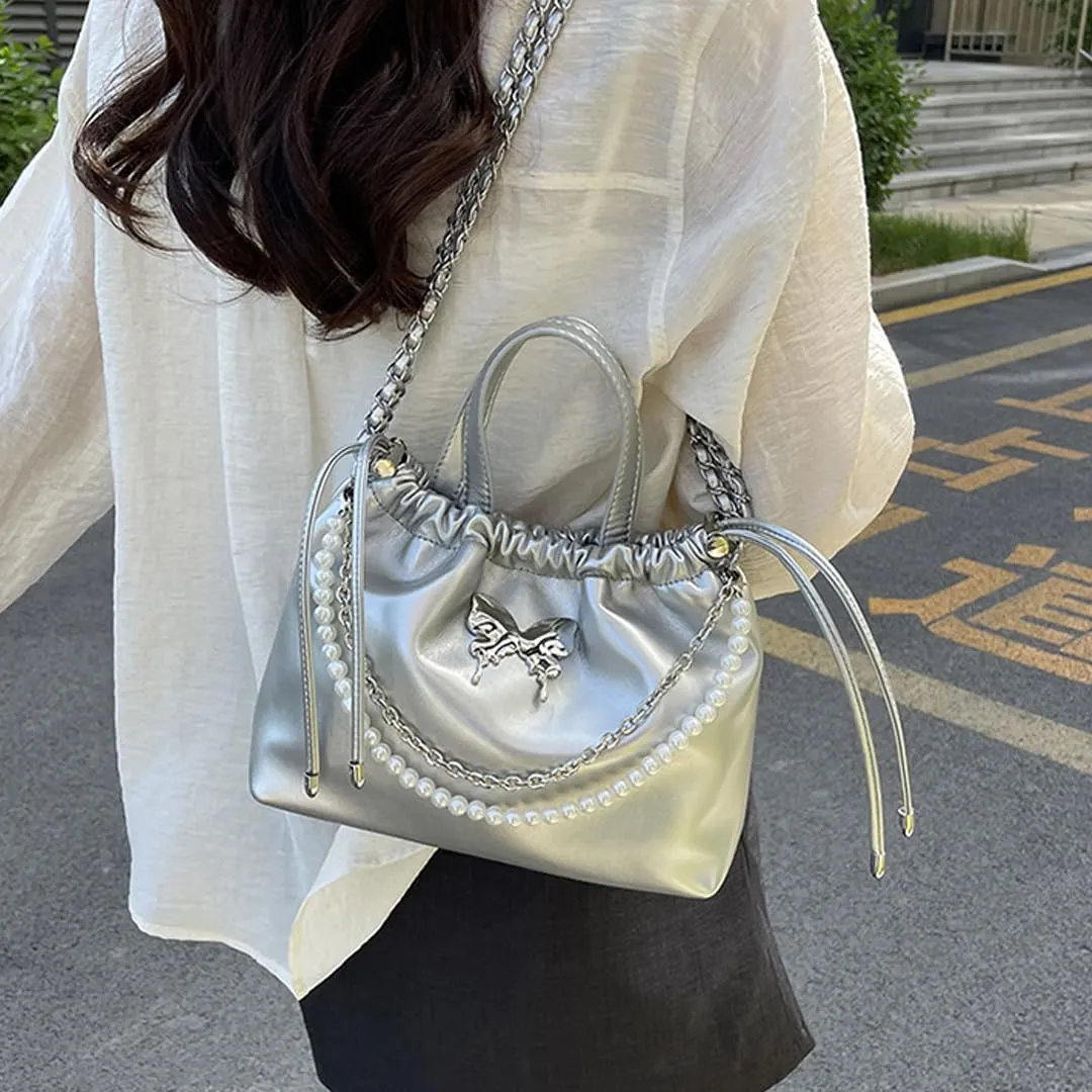 Women's Mini Bucket Bag Y2k Butterfly Satin Shoulder Bag Drawstring Handbag with Pearl Chain Small Crossbody Bag
