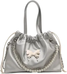 Women's Mini Bucket Bag Y2k Butterfly Satin Shoulder Bag Drawstring Handbag with Pearl Chain Small Crossbody Bag