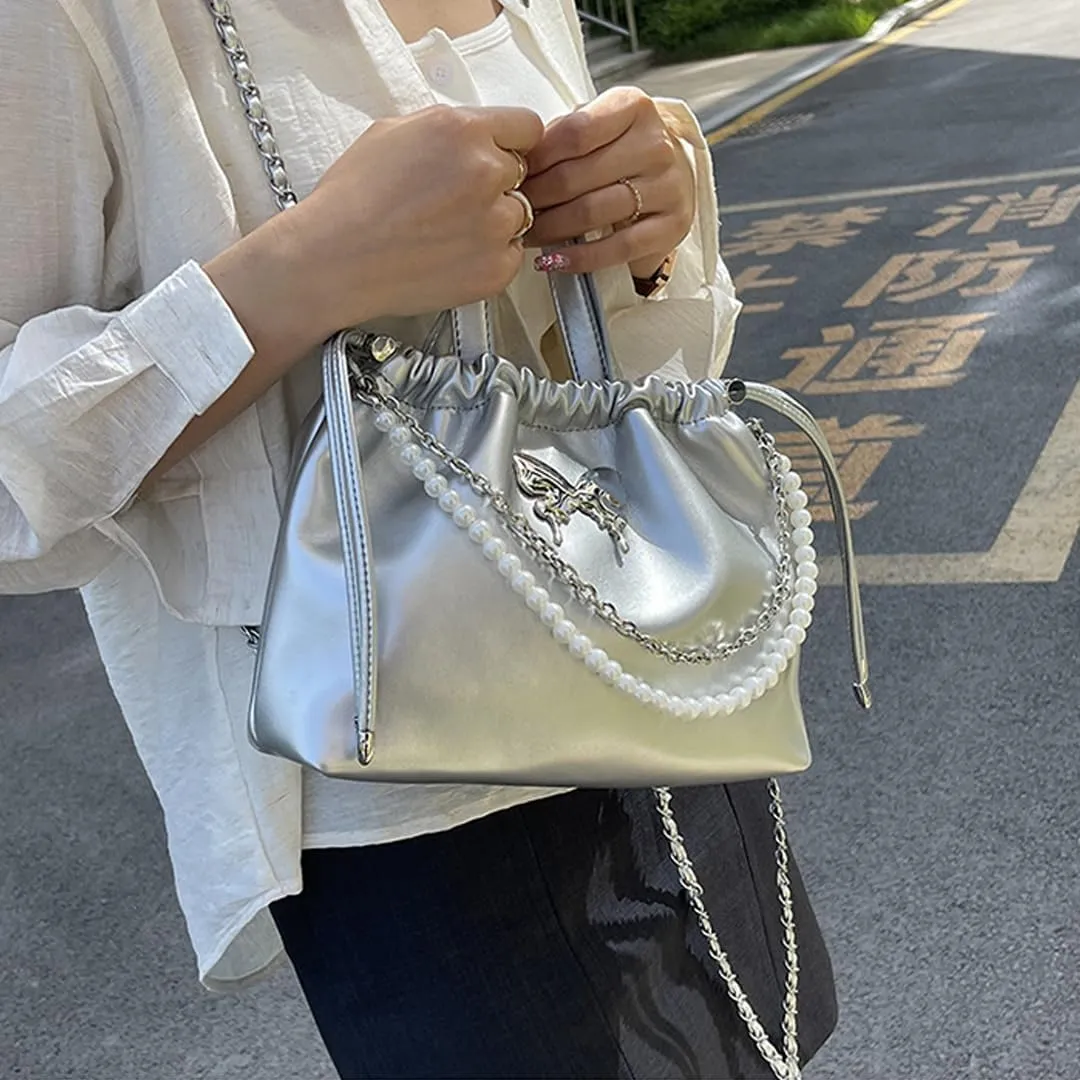 Women's Mini Bucket Bag Y2k Butterfly Satin Shoulder Bag Drawstring Handbag with Pearl Chain Small Crossbody Bag