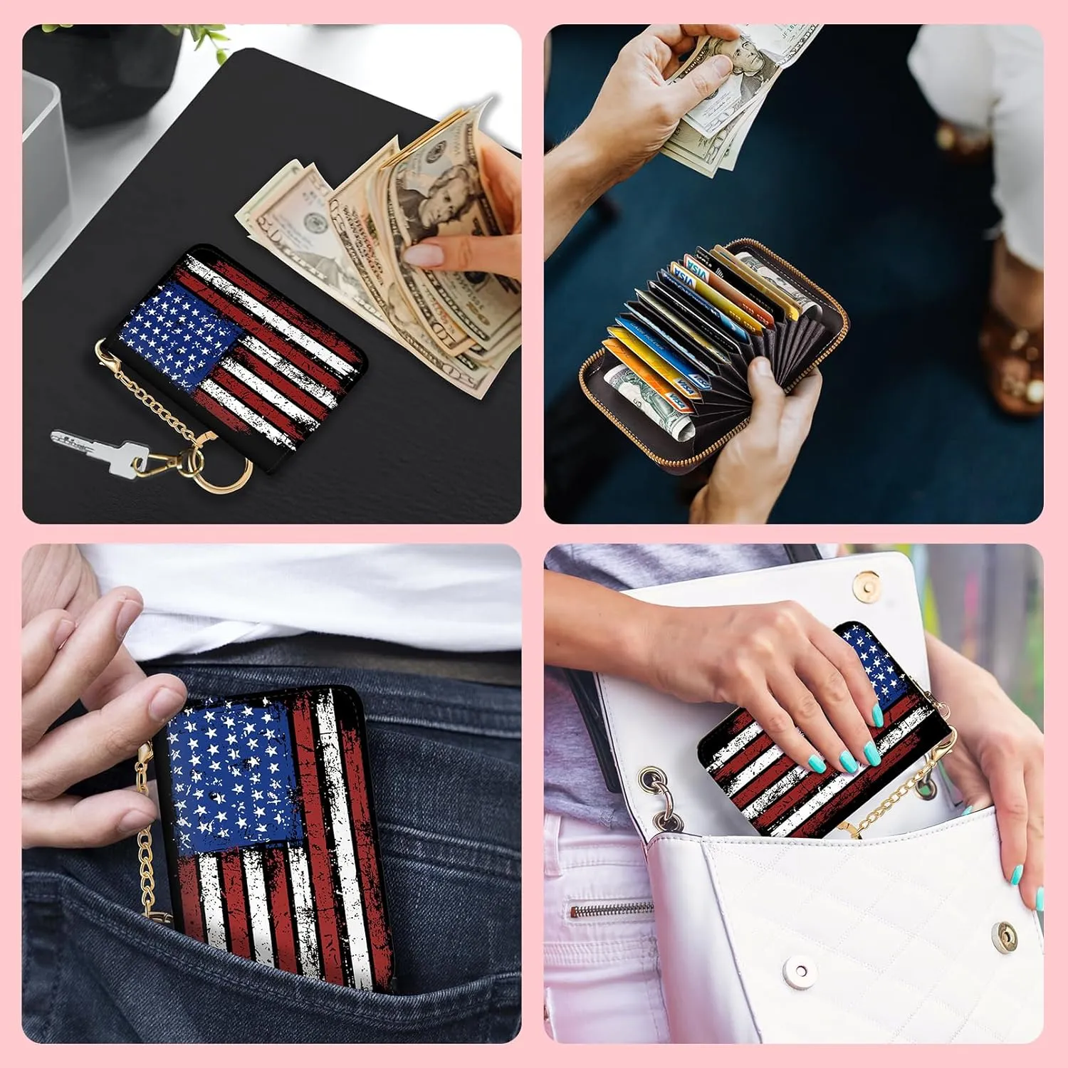 Women's RFID-Blocking American Flag Wallet, Leather, 12 Card Slots, 2 Coins, Zipper Closure, Waterproof