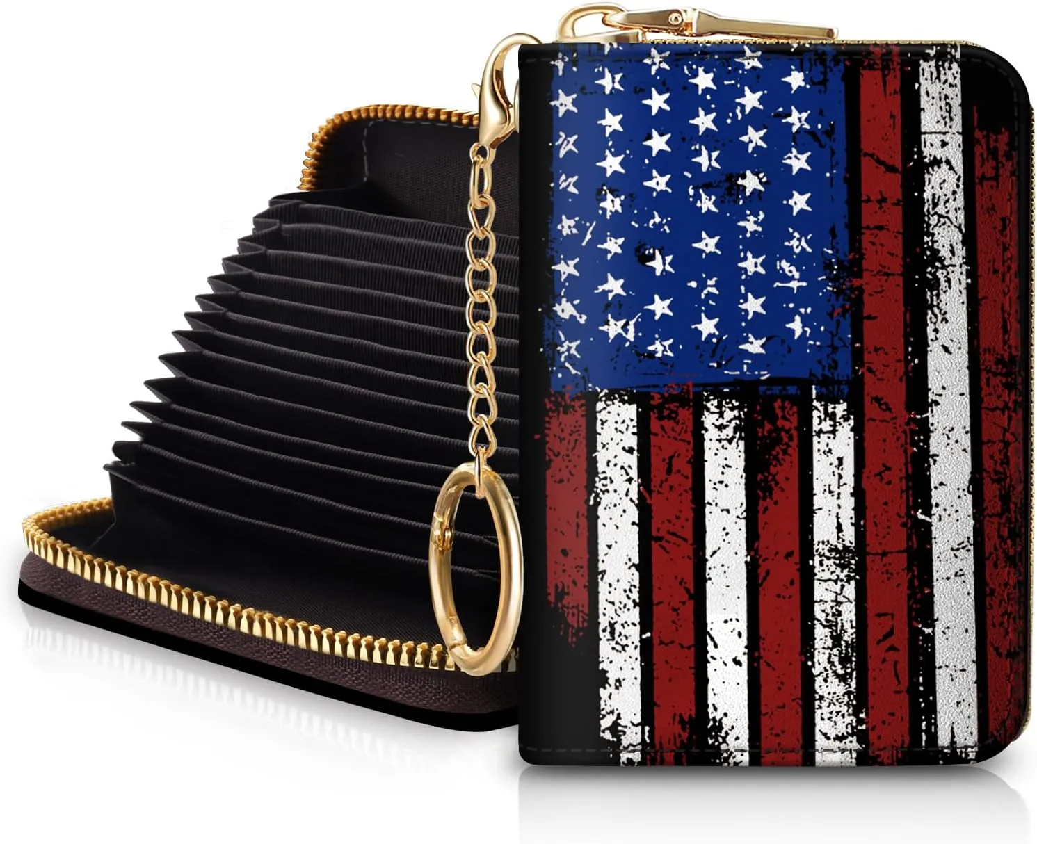 Women's RFID-Blocking American Flag Wallet, Leather, 12 Card Slots, 2 Coins, Zipper Closure, Waterproof