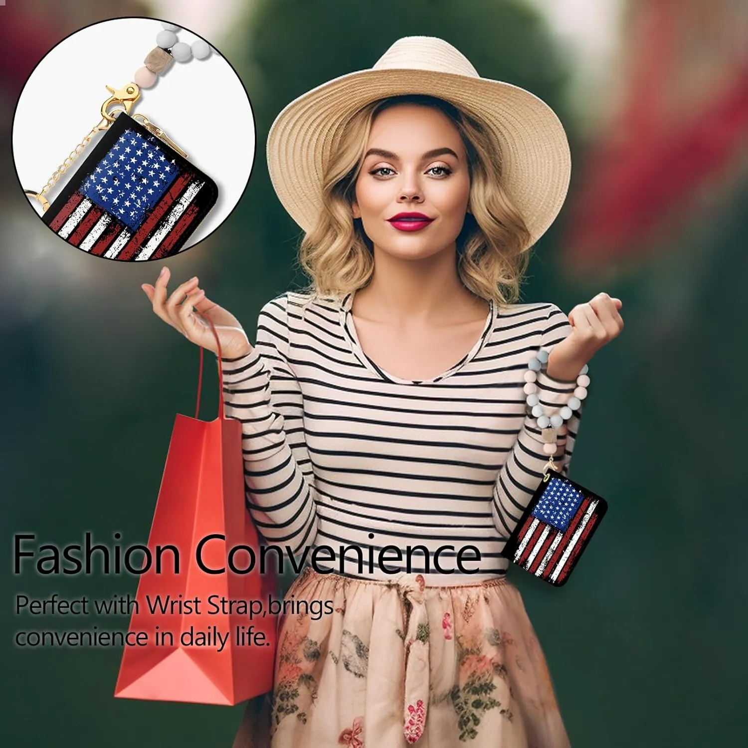 Women's RFID-Blocking American Flag Wallet, Leather, 12 Card Slots, 2 Coins, Zipper Closure, Waterproof