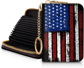 Women's RFID-Blocking American Flag Wallet, Leather, 12 Card Slots, 2 Coins, Zipper Closure, Waterproof