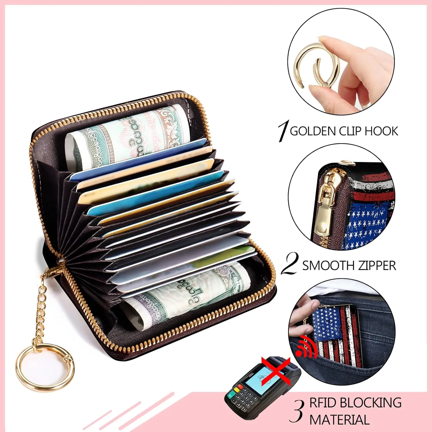 Women's RFID-Blocking American Flag Wallet, Leather, 12 Card Slots, 2 Coins, Zipper Closure, Waterproof