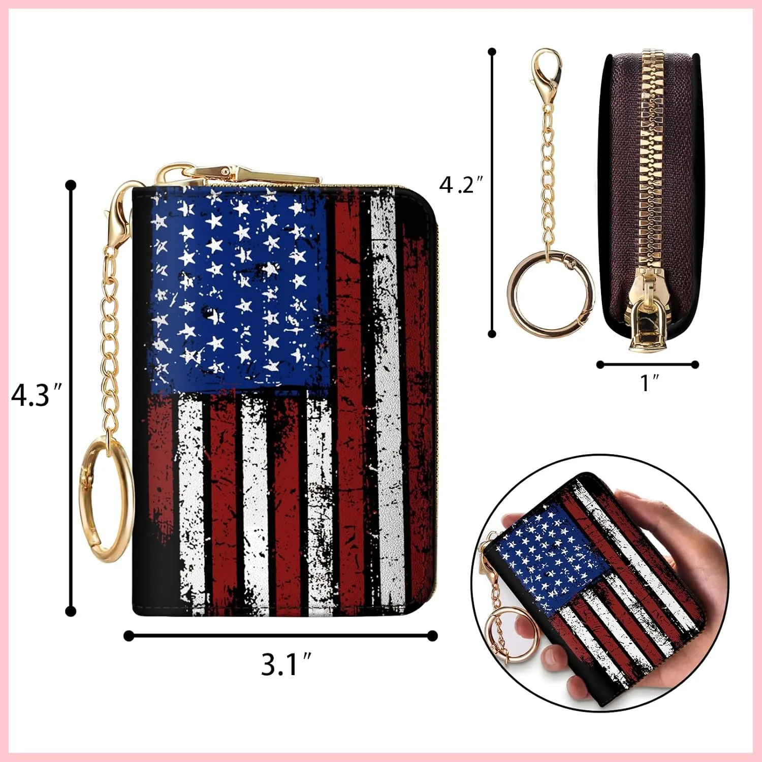 Women's RFID-Blocking American Flag Wallet, Leather, 12 Card Slots, 2 Coins, Zipper Closure, Waterproof