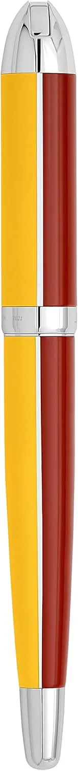 Xezo Visionary Brass and Aluminum Fountain Pen, Medium Nib. Hand-Lacquered in Aspen Yellow and Red. Numbered in Limited Edition of 500. Classic Art Deco Color Disposition, Retrofuturistic Body Style