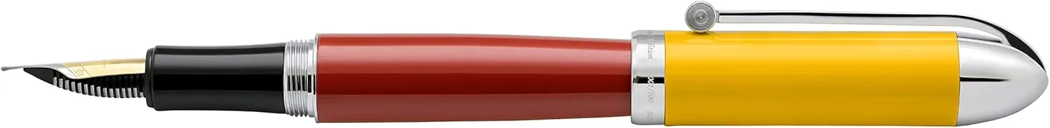 Xezo Visionary Brass and Aluminum Fountain Pen, Medium Nib. Hand-Lacquered in Aspen Yellow and Red. Numbered in Limited Edition of 500. Classic Art Deco Color Disposition, Retrofuturistic Body Style
