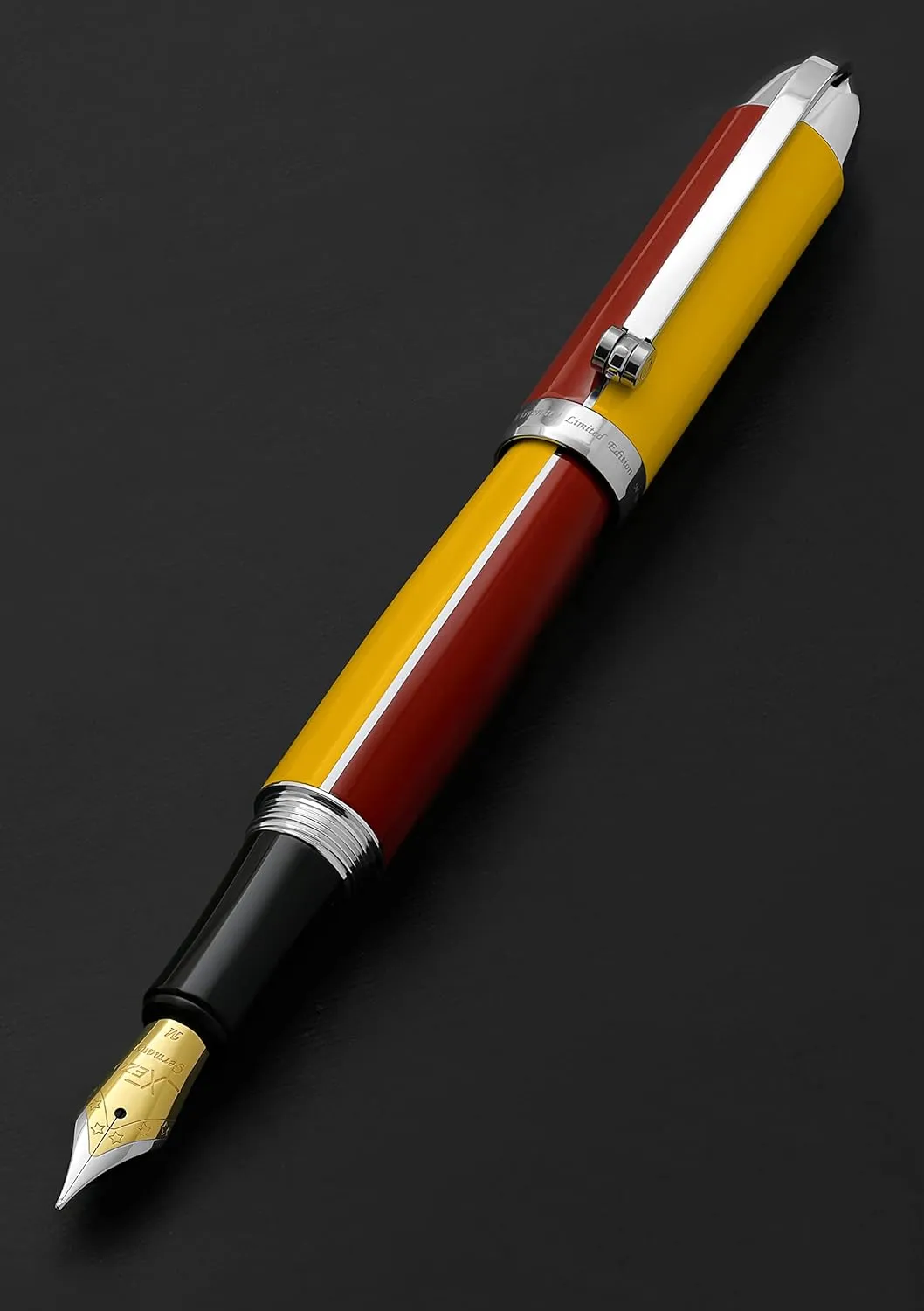 Xezo Visionary Brass and Aluminum Fountain Pen, Medium Nib. Hand-Lacquered in Aspen Yellow and Red. Numbered in Limited Edition of 500. Classic Art Deco Color Disposition, Retrofuturistic Body Style