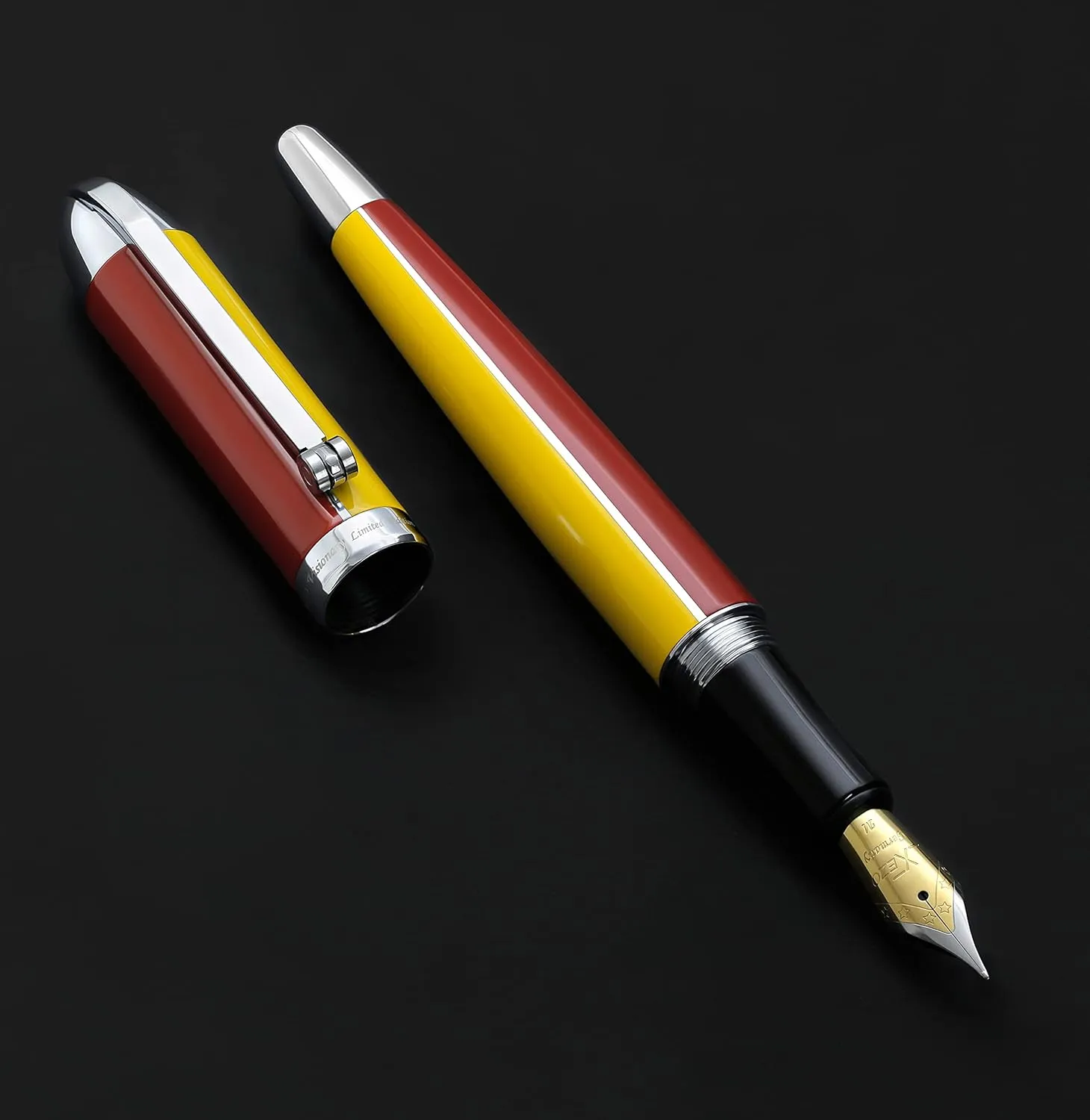 Xezo Visionary Brass and Aluminum Fountain Pen, Medium Nib. Hand-Lacquered in Aspen Yellow and Red. Numbered in Limited Edition of 500. Classic Art Deco Color Disposition, Retrofuturistic Body Style