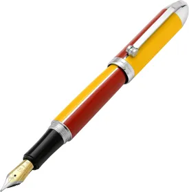 Xezo Visionary Brass and Aluminum Fountain Pen, Medium Nib. Hand-Lacquered in Aspen Yellow and Red. Numbered in Limited Edition of 500. Classic Art Deco Color Disposition, Retrofuturistic Body Style