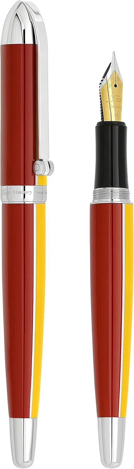 Xezo Visionary Brass and Aluminum Fountain Pen, Medium Nib. Hand-Lacquered in Aspen Yellow and Red. Numbered in Limited Edition of 500. Classic Art Deco Color Disposition, Retrofuturistic Body Style