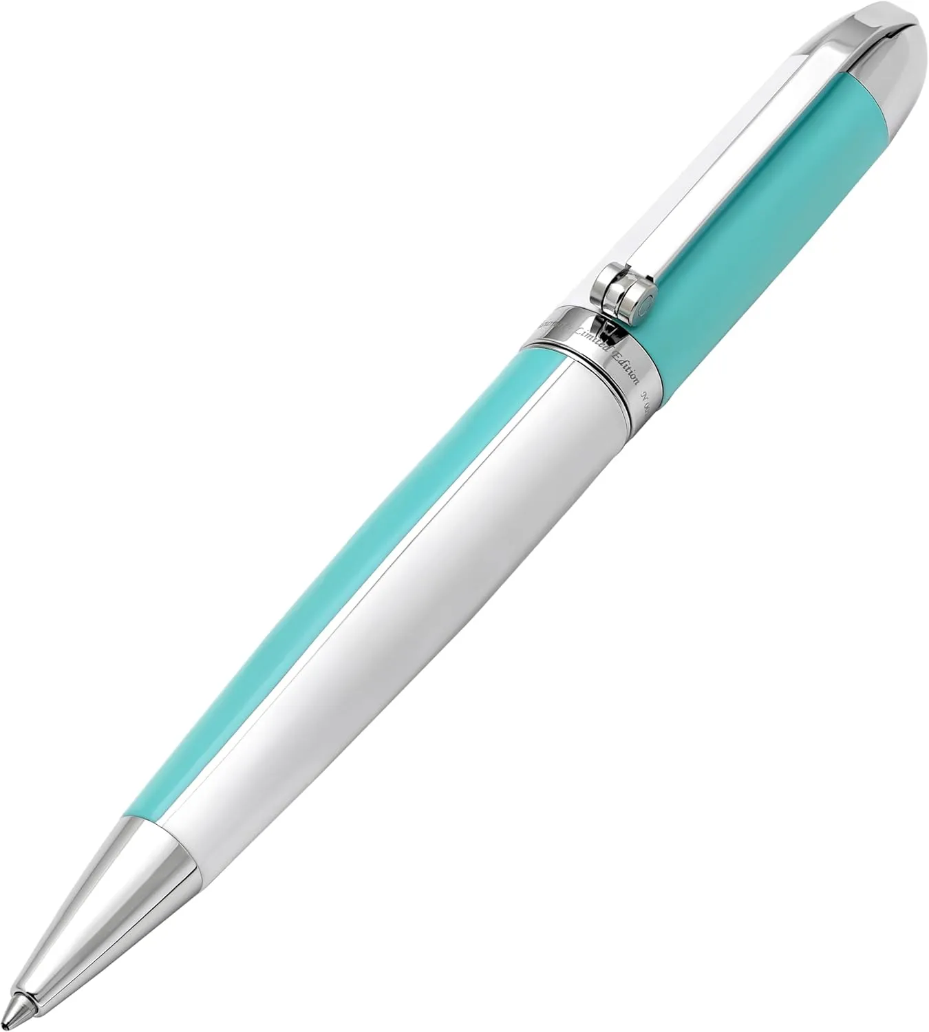 Xezo Visionary Medium Brass and Aluminum Ballpoint Pen, Hand Lacquered in Sky Blue and White Color. Numbered in Limited Edition of 500. Classic Art Deco Color Disposition, Retrofuturistic Body Style