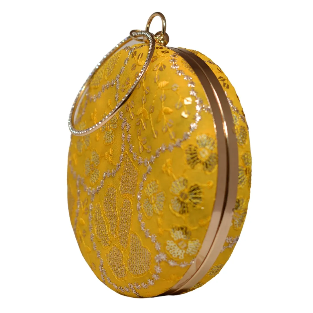 Yellow And Golden Round Embroidery Clutch