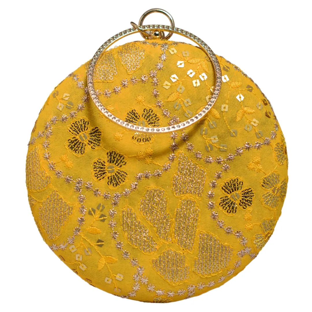 Yellow And Golden Round Embroidery Clutch